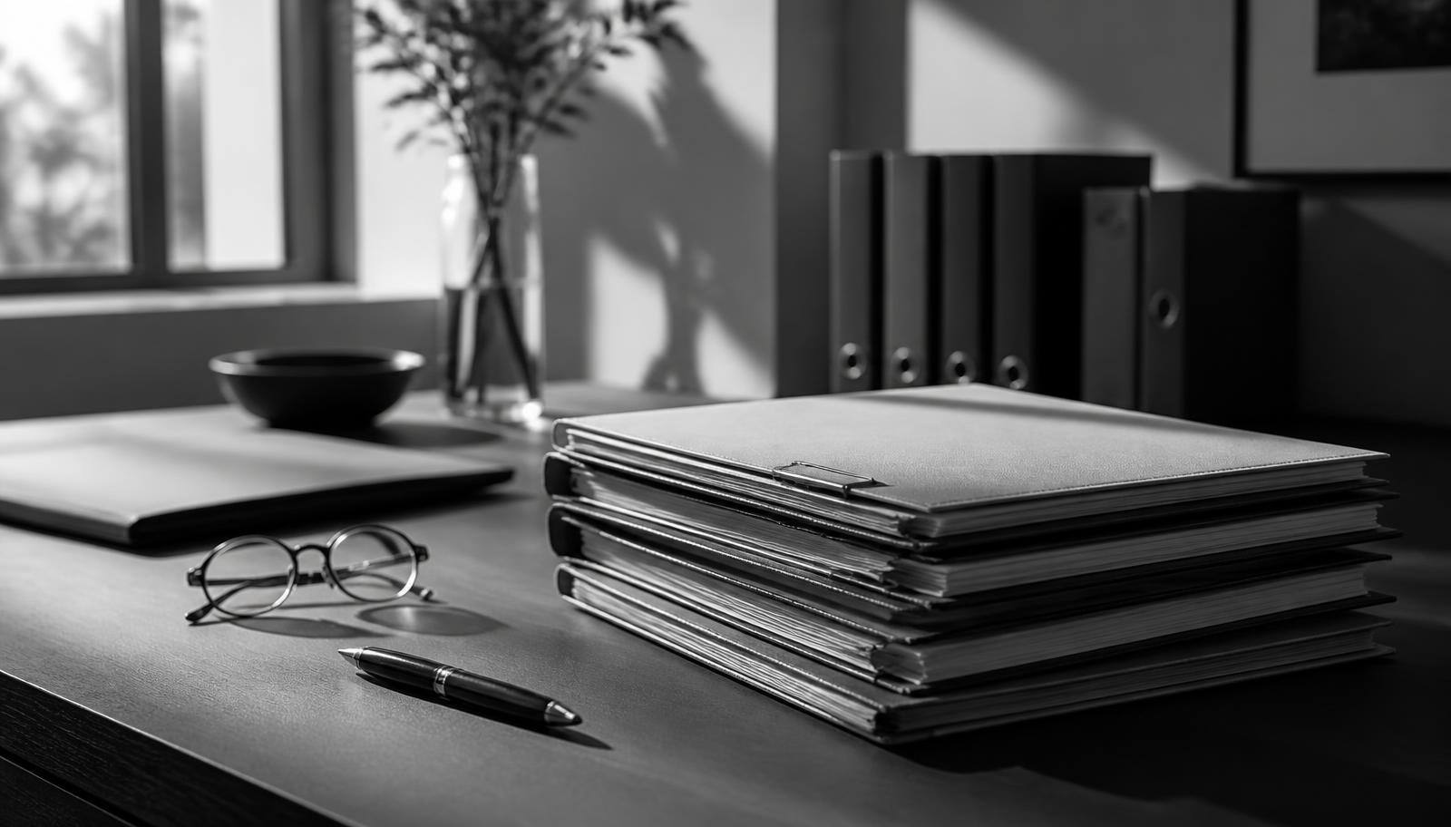 Medical record files, reading glasses and a pen arranged on a desk for an orthopedic medical-legal review