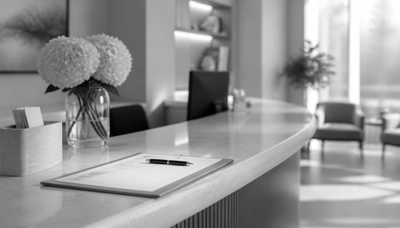 Clinic reception desk with patient intake paperwork in a calm waiting area