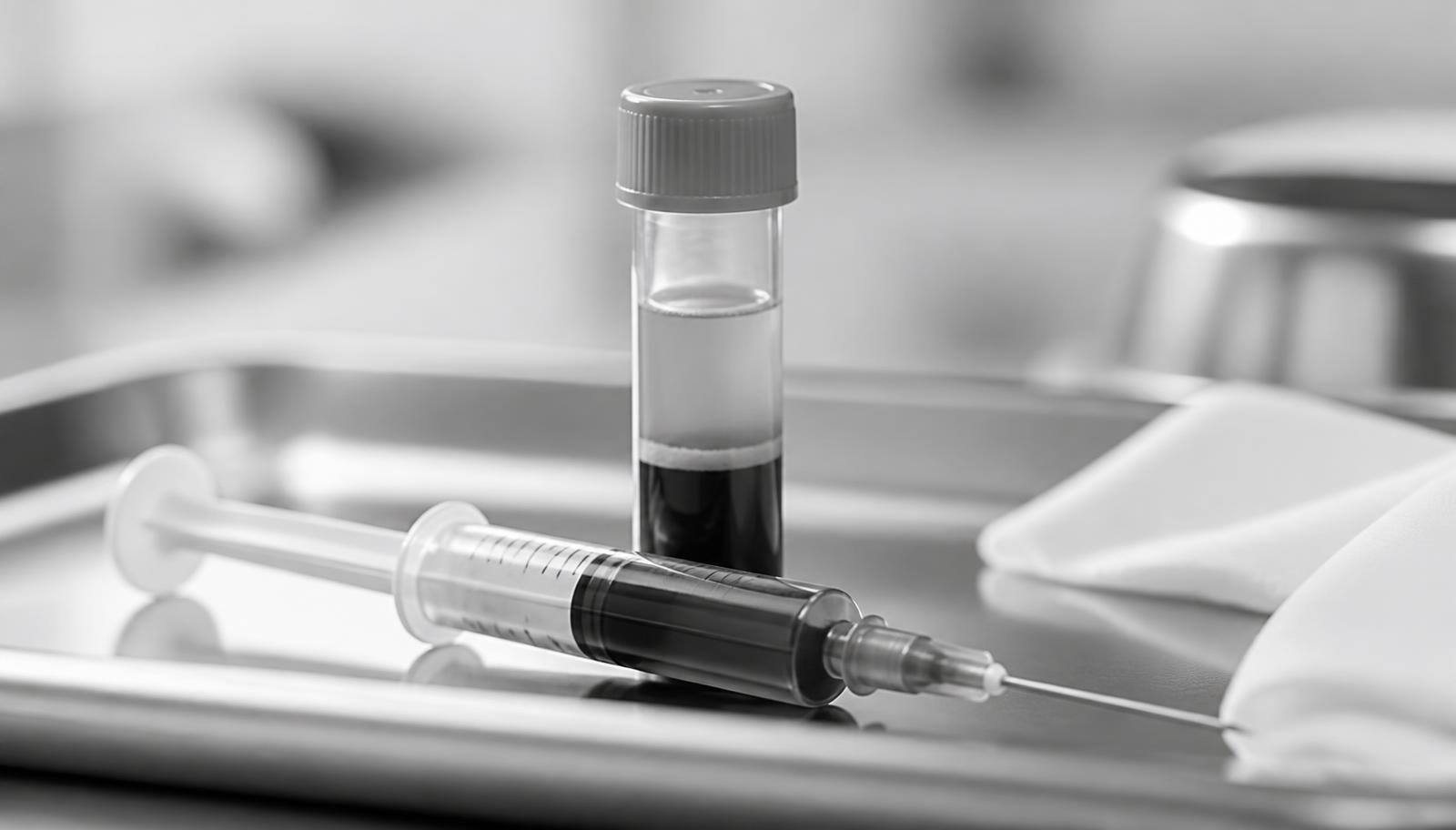 Sterile PRP syringe and centrifuge vial on a medical tray
