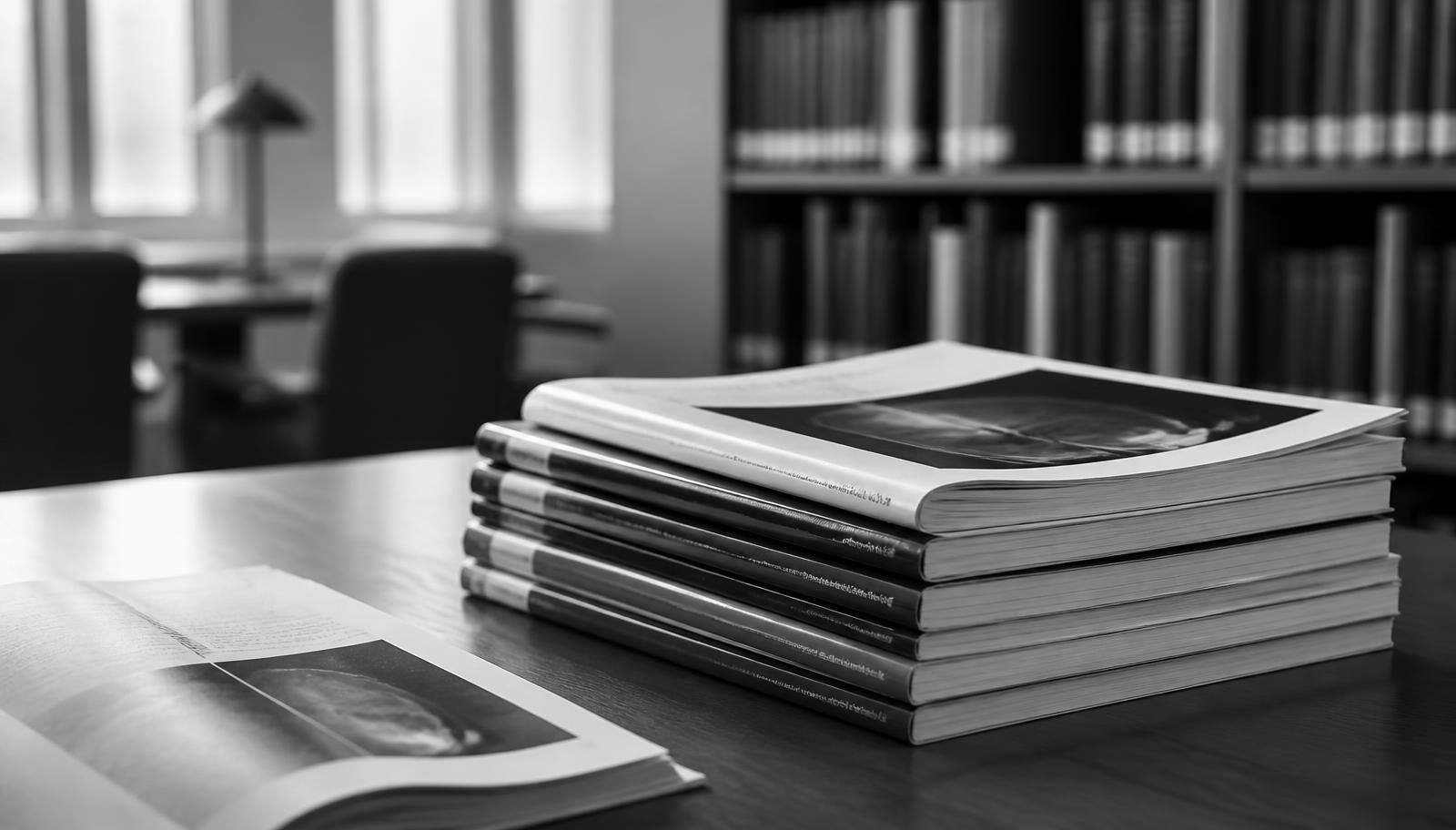 Stack of peer-reviewed orthopedic and sports medicine journals on a library table
