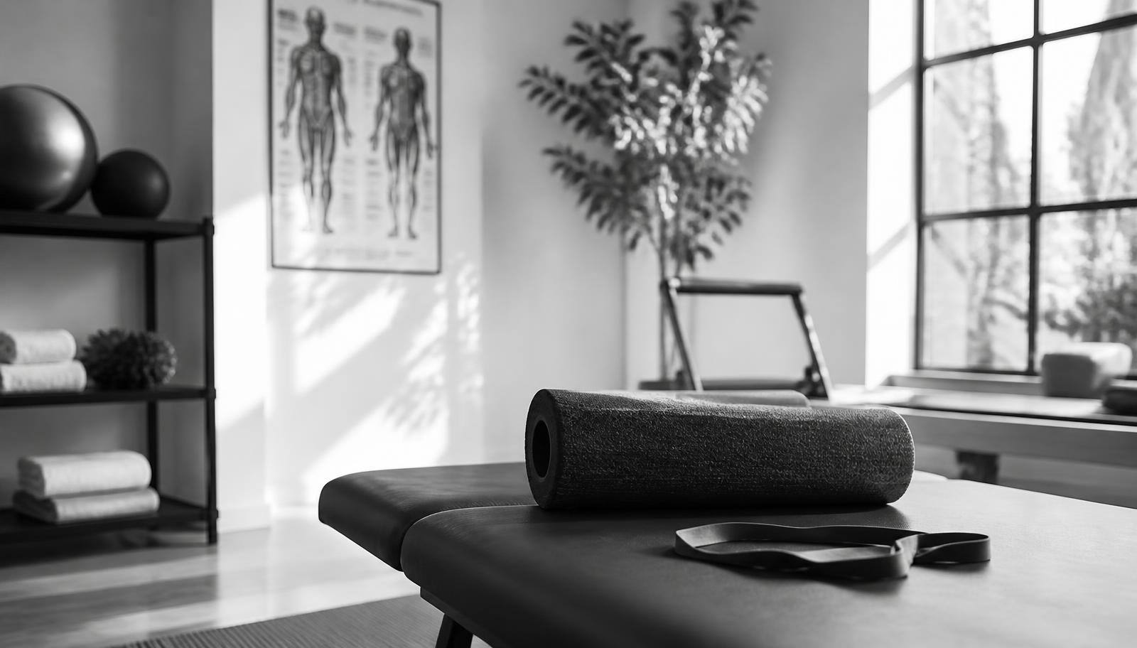 Rehabilitation studio with a treatment table, foam roller and resistance band